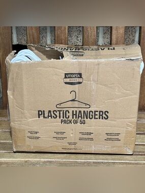 Utopia Home 50 Plastic Hangers Built-in Strap Hooks - White - New Open Box